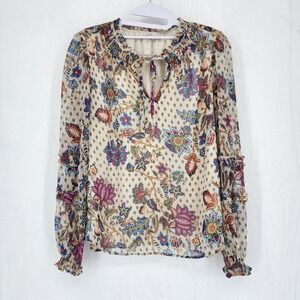 LOFT Petites Small SP Floral Chiffon Blouse Metallic Gold Stripe Smocked Ruffle